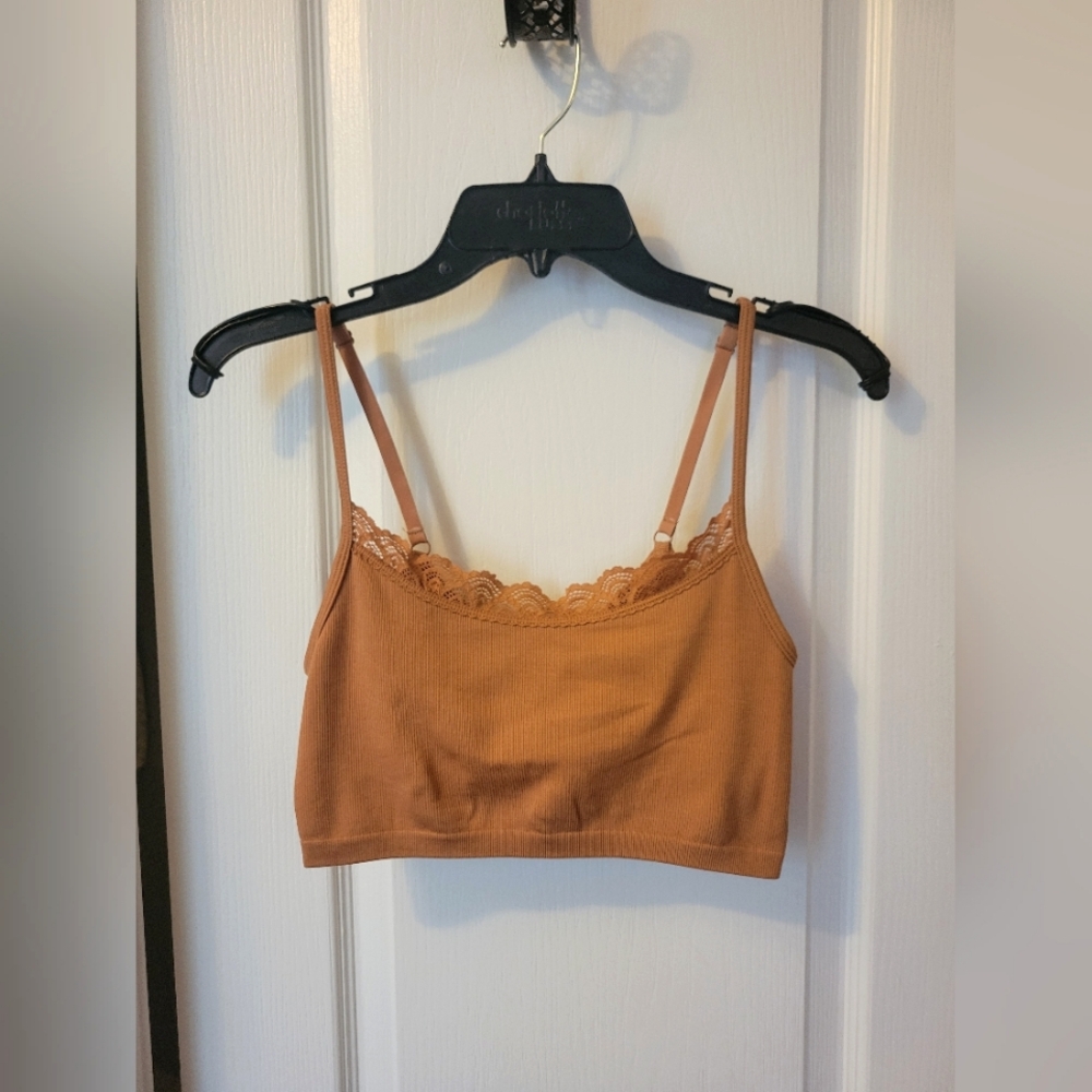 Aerie Seamless Lace Trim Ribbed Longline Bralette Burnt Orange Size Small